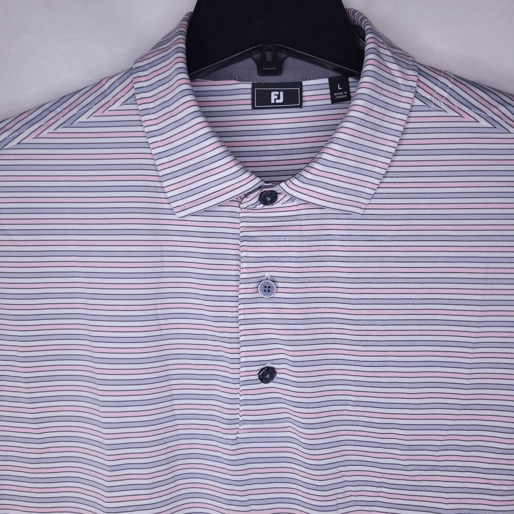 Footjoy Polo Shirt Mens Large Striped Gray, Pink, White Performance Golf